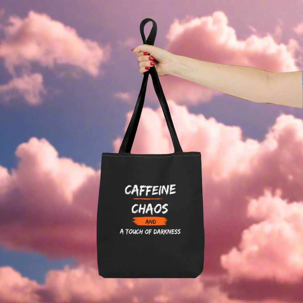 "Caffeine, Chaos, and a Touch of Darkness" Two-Sided Tote Bag with Magical Coffee Art