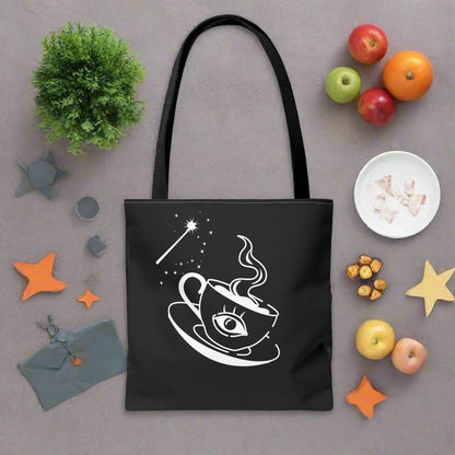 "Caffeine, Chaos, and a Touch of Darkness" Two-Sided Tote Bag with Magical Coffee Art